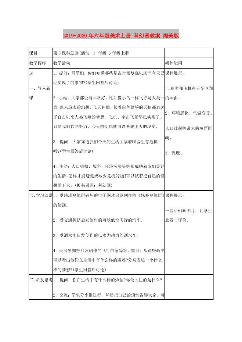 2019-2020年六年级美术上册