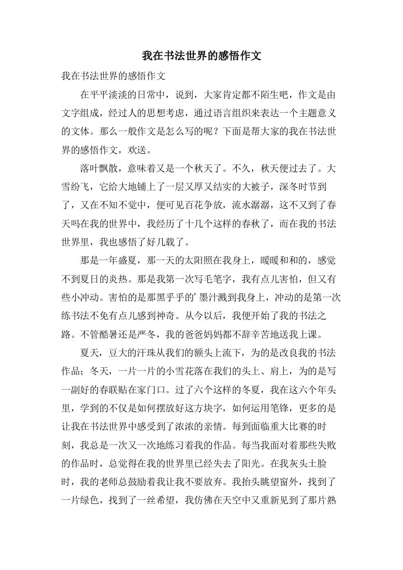 我在书法世界的感悟作文