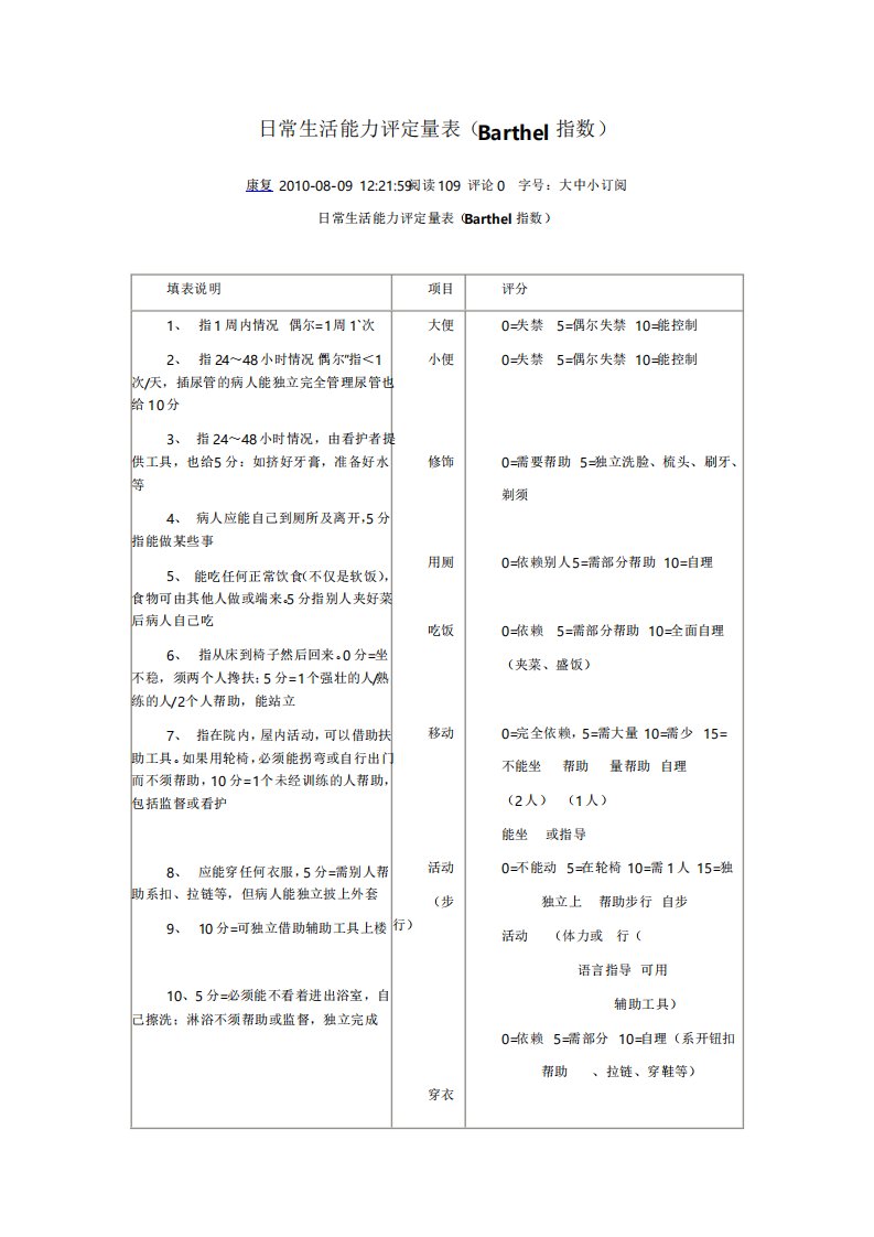 日常生活活动能力Barthel指数评定量表