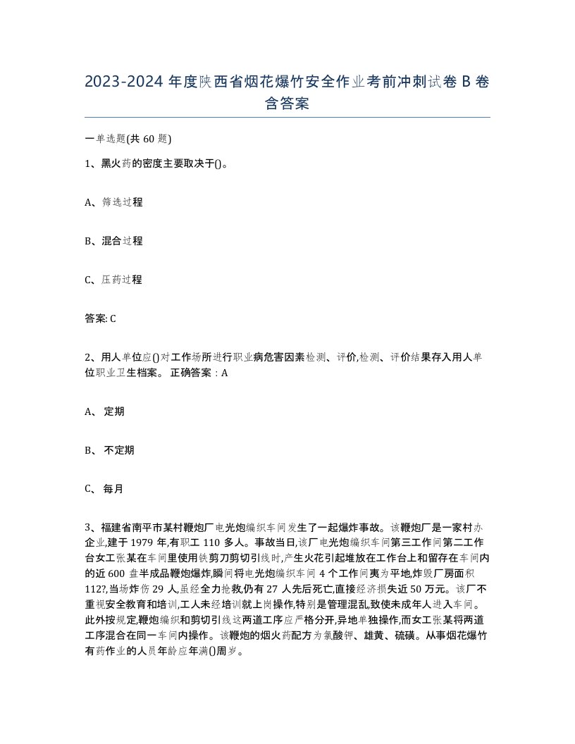 20232024年度陕西省烟花爆竹安全作业考前冲刺试卷B卷含答案