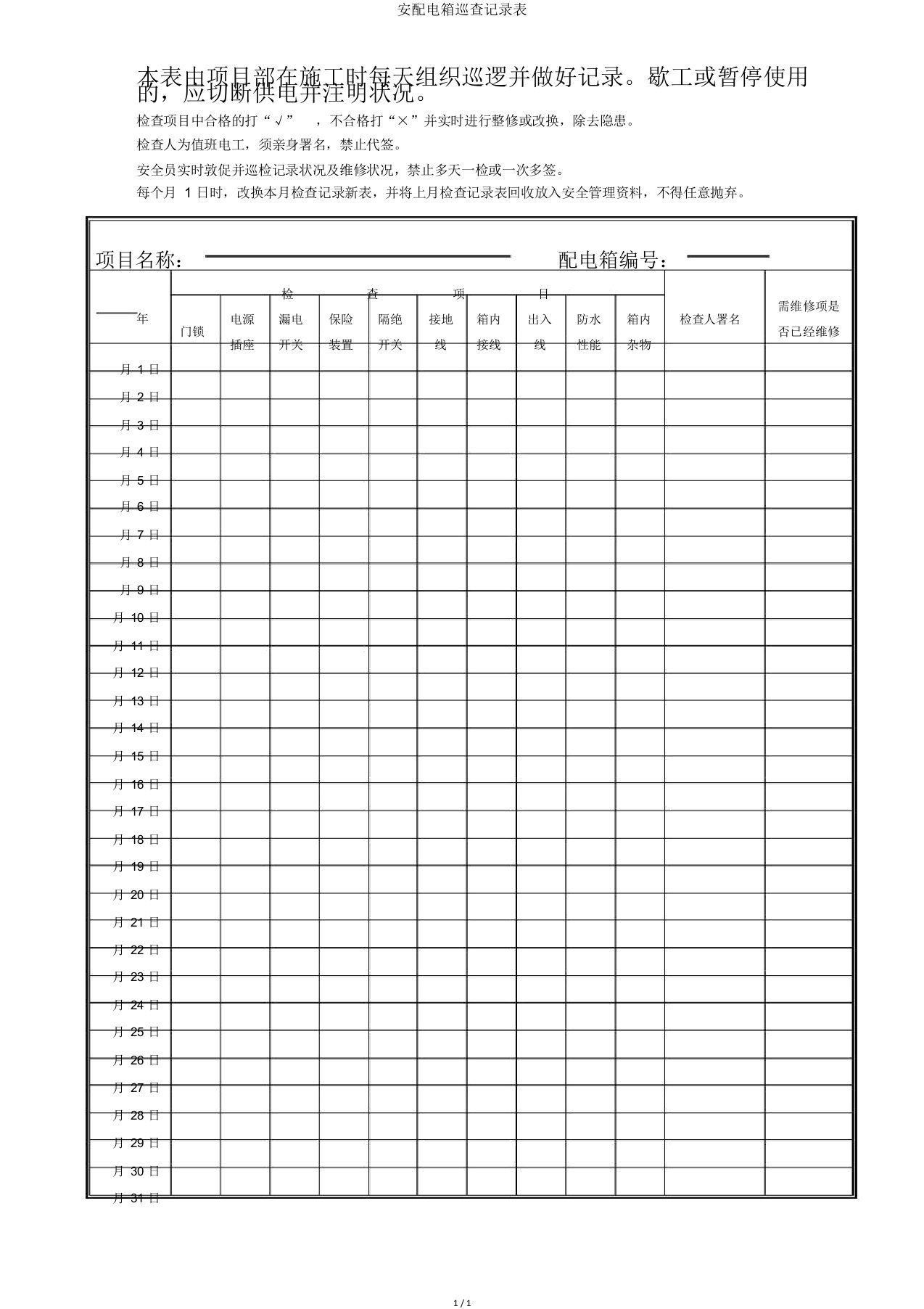 安配电箱巡查记录表