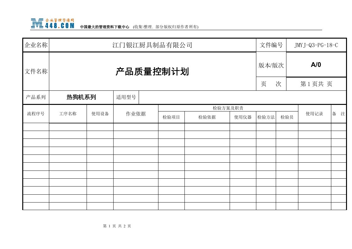 江门银江厨具制品公司产品质量控制计划（热狗机系列）-质量工具