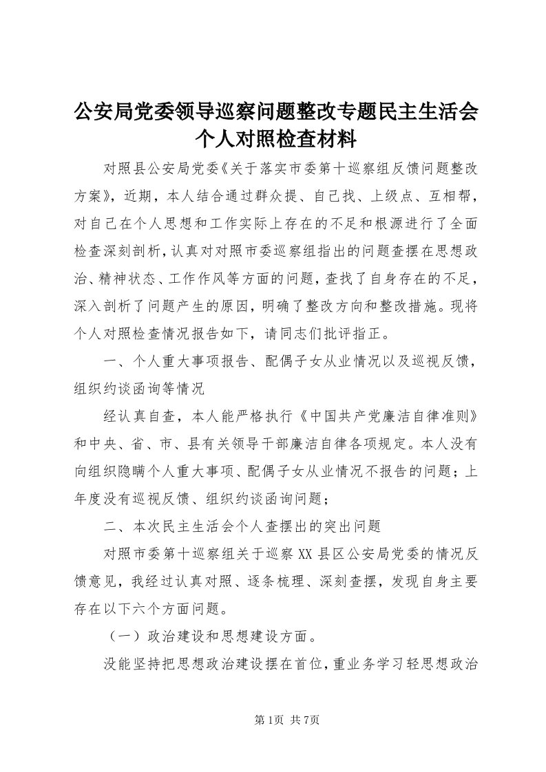 公安局党委领导巡察问题整改专题民主生活会个人对照检查材料