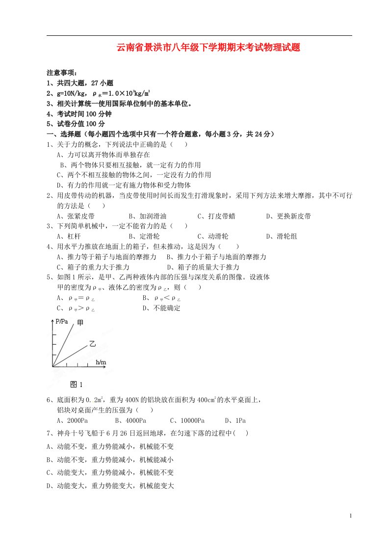 云南省景洪市八级物理下学期期末考试试题