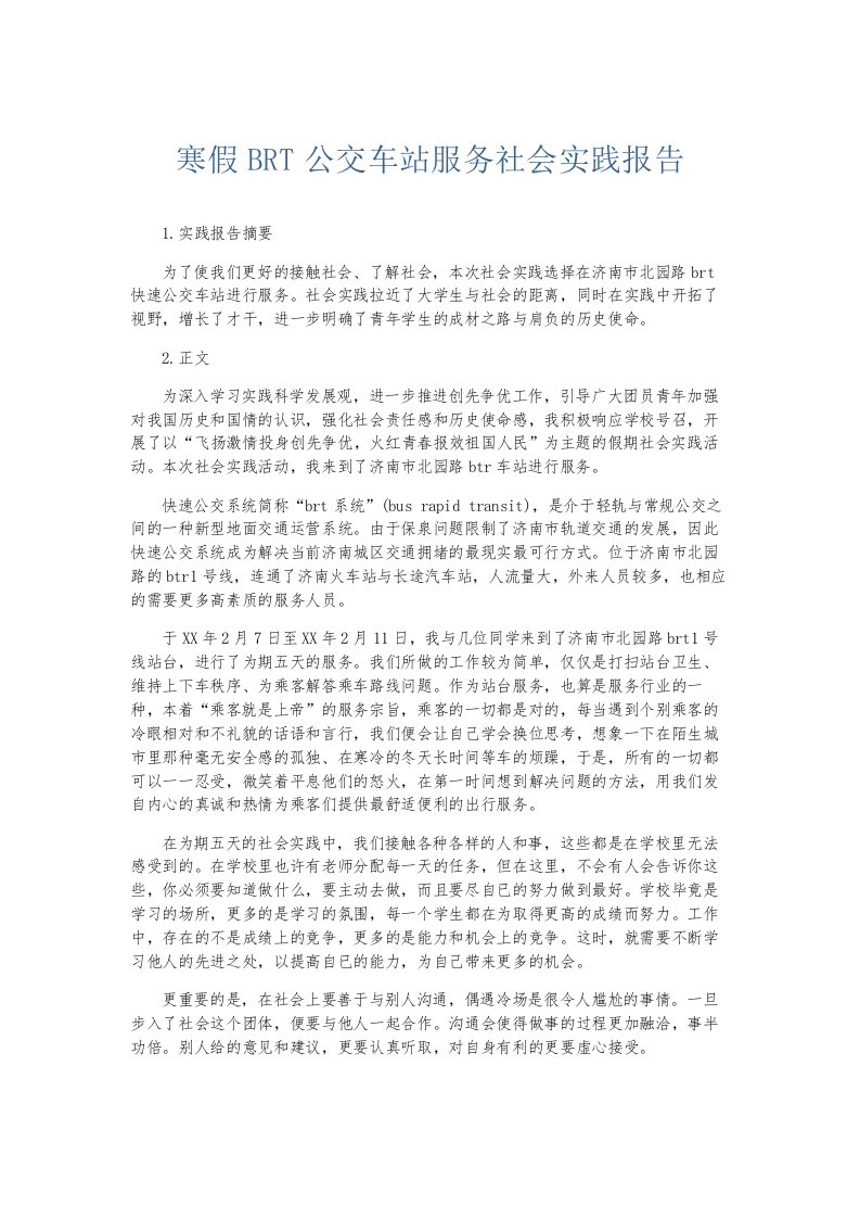 总结报告寒假BRT公交车站服务社会实践报告