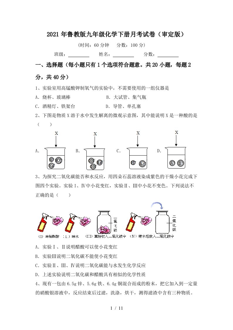 2021年鲁教版九年级化学下册月考试卷审定版