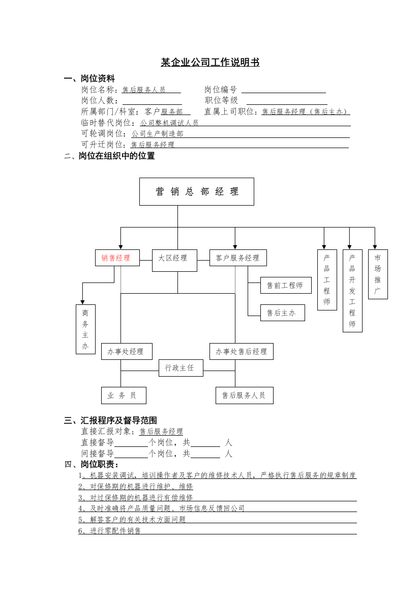 【职位描述】工作说明书－售后服务人员