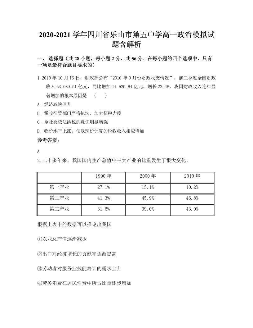 2020-2021学年四川省乐山市第五中学高一政治模拟试题含解析