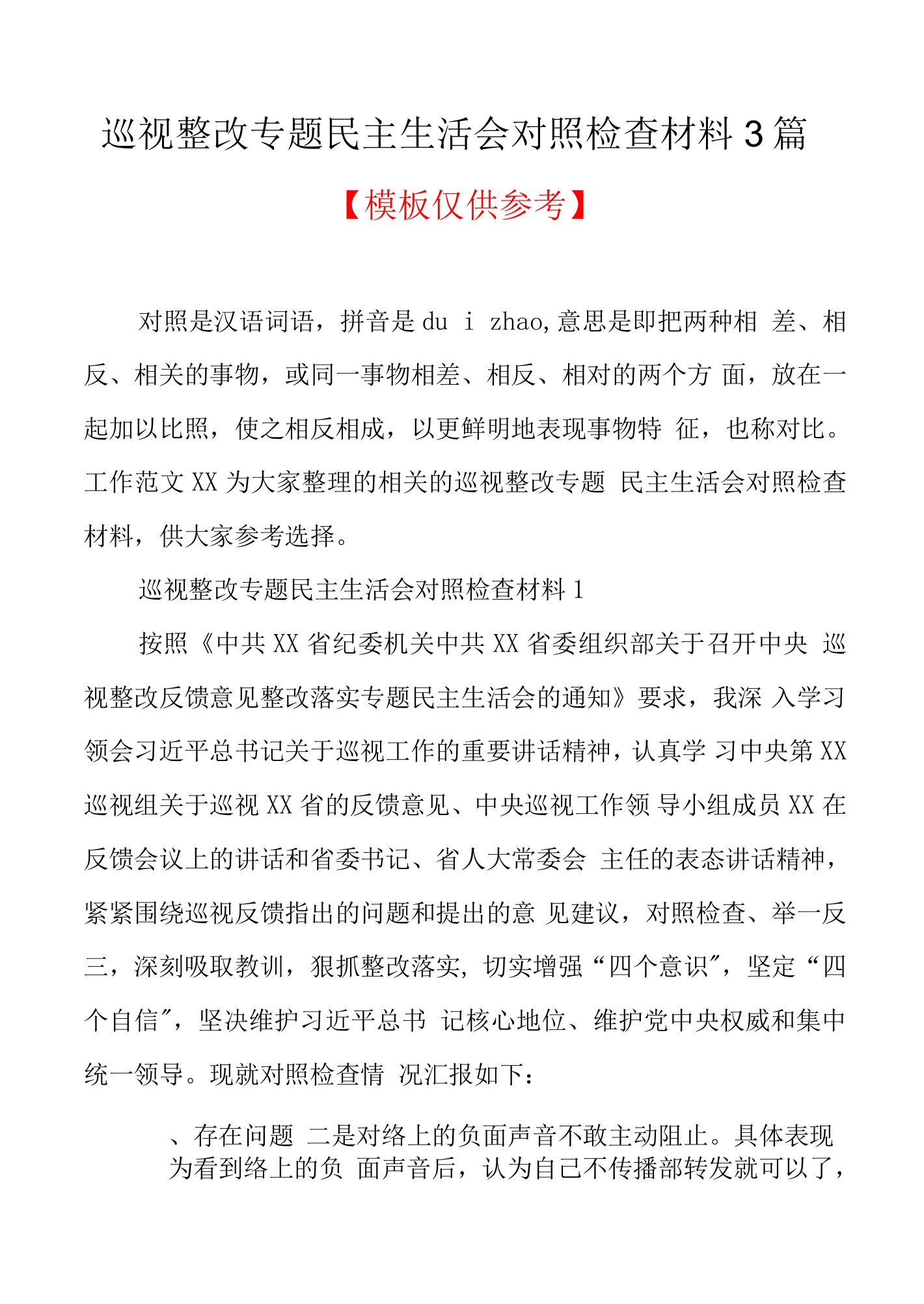 巡视整改专题民主生活会对照检查材料3篇(共20页)