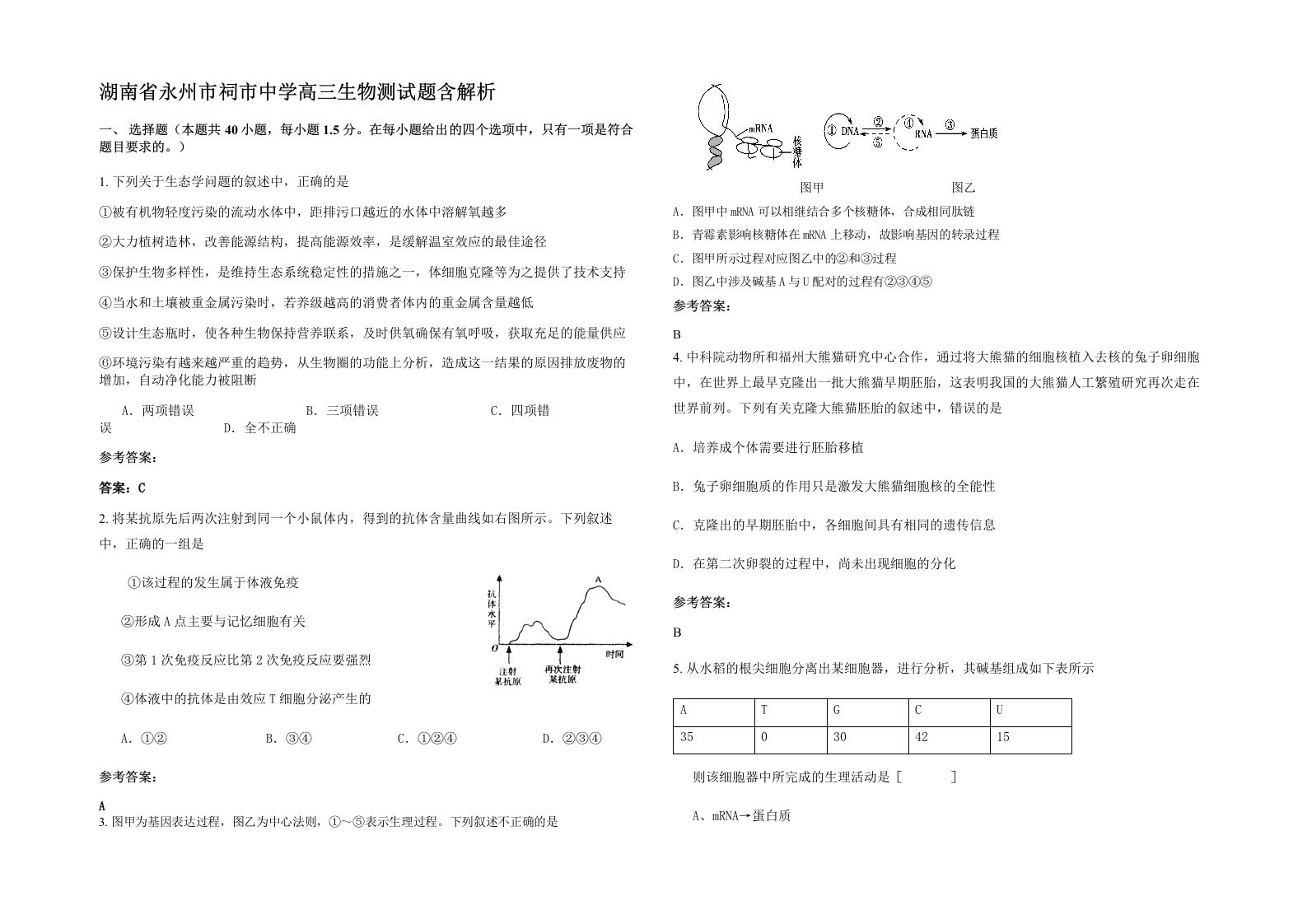 湖南省永州市祠市中学高三生物测试题含解析