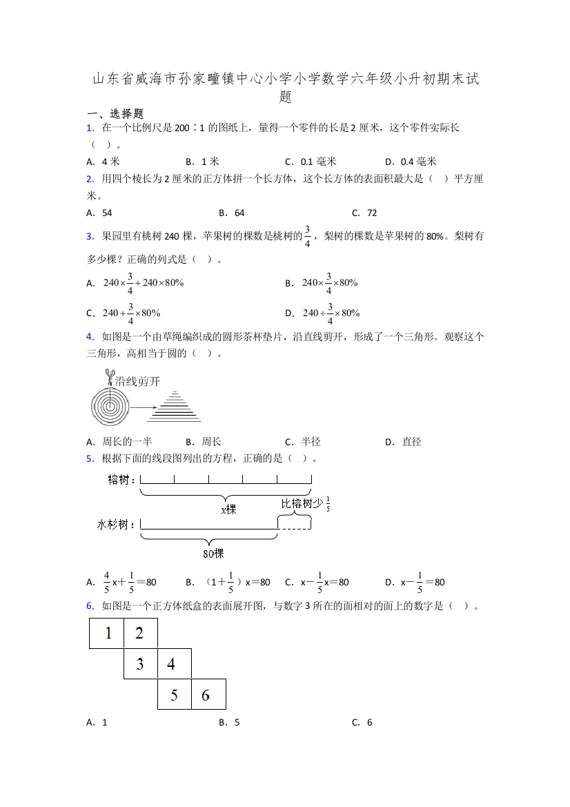 山东省威海市孙家疃镇中心小学小学数学六年级小升初期末试题