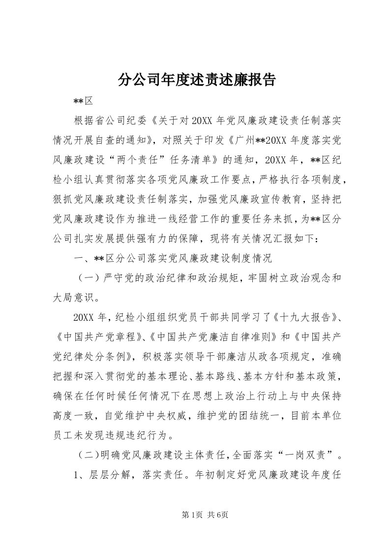 分公司年度述责述廉报告