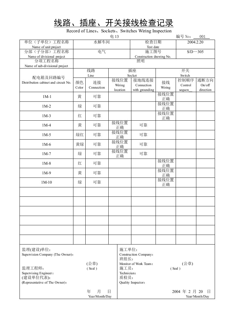 电13线路、插座、开关接线检验记录