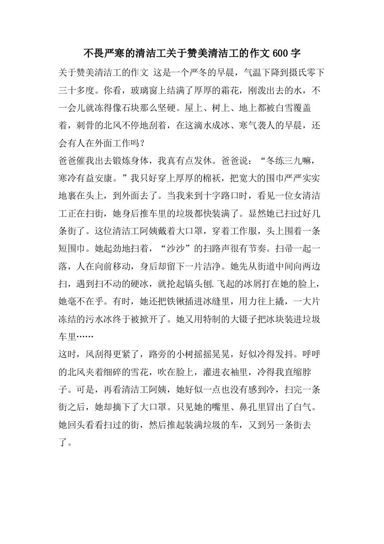 不畏严寒的清洁工关于赞美清洁工的作文600字