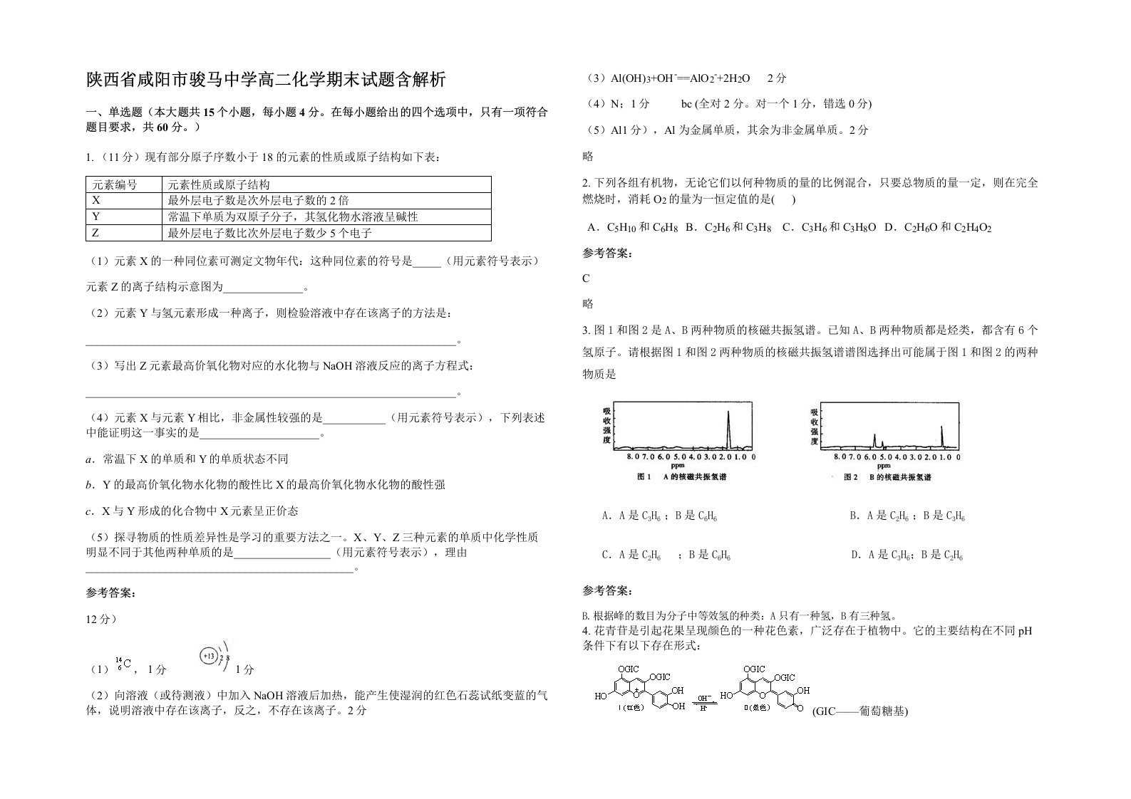 陕西省咸阳市骏马中学高二化学期末试题含解析