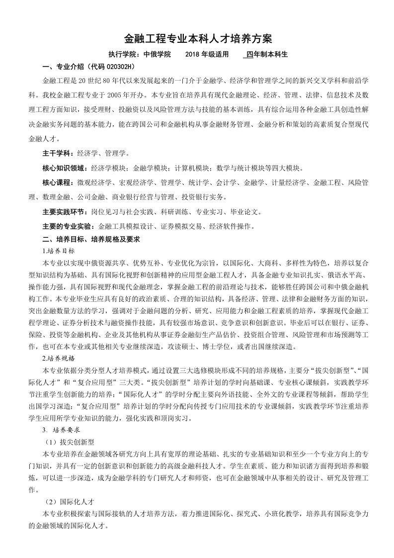 金融工程专业本科人才培养方案