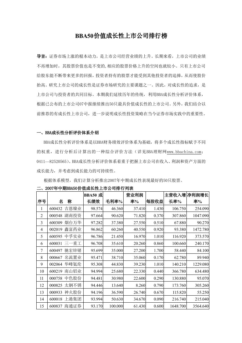 BBA50成长性上市公司（7版）