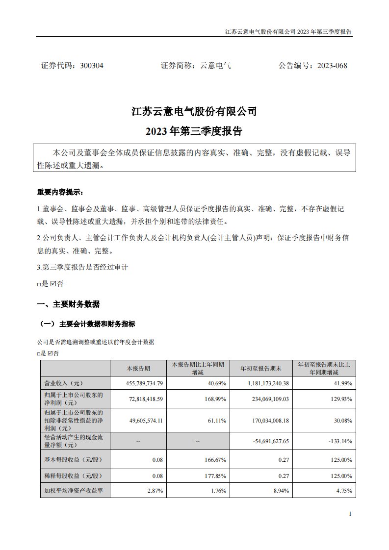 深交所-云意电气：2023年三季度报告-20231027