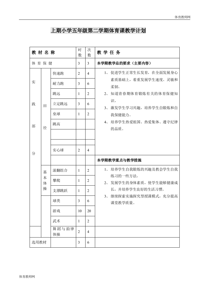 五年级上期小学体育教案