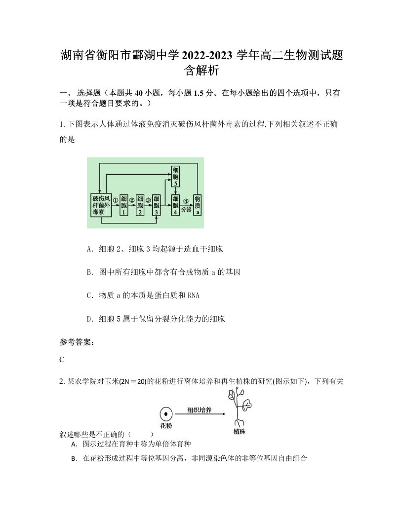 湖南省衡阳市酃湖中学2022-2023学年高二生物测试题含解析