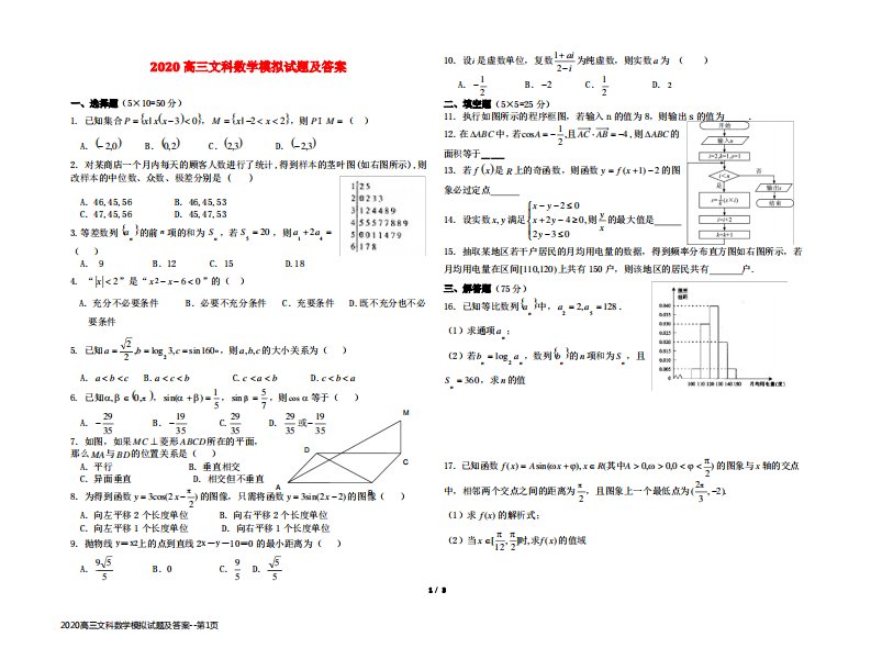 2020高三文科数学模拟试题及答案