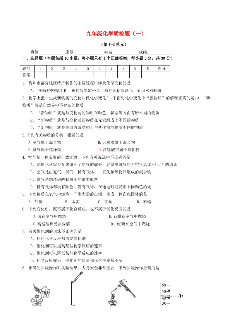 广东省五华县华新中学2015届九年级化学下学期质量检测1（无答案）