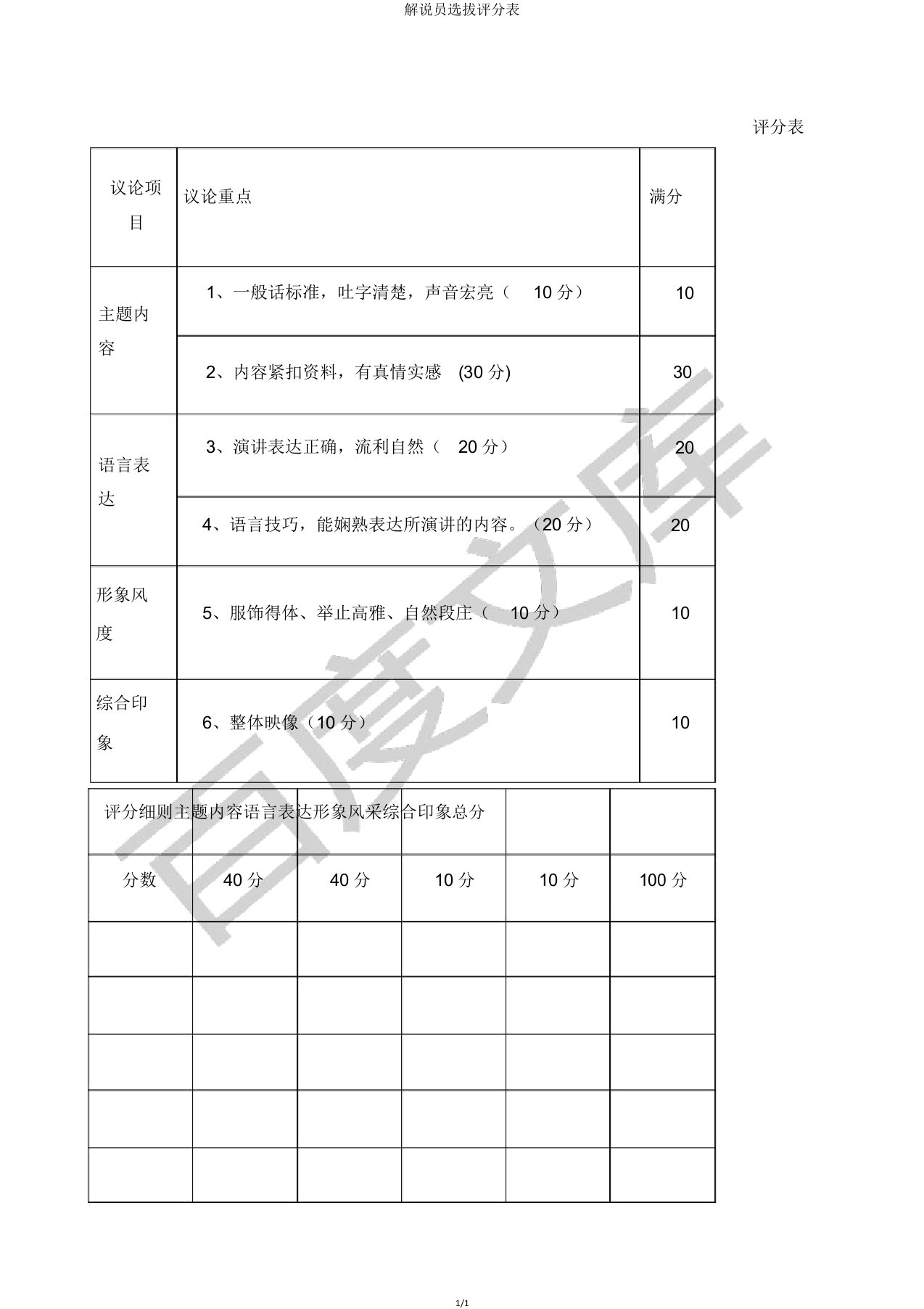 讲解员选拔评分表