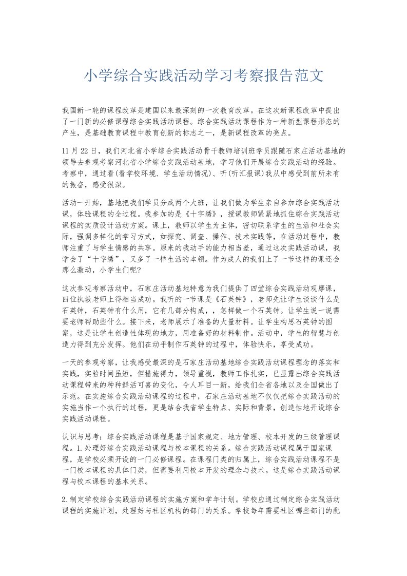 总结报告小学综合实践活动学习考察报告范文