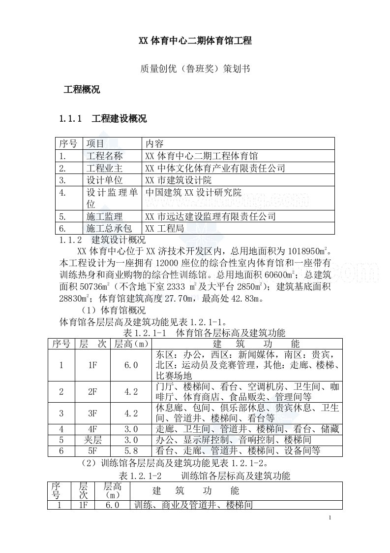 某大型体育场馆工程创优策划书(鲁班奖)策划书