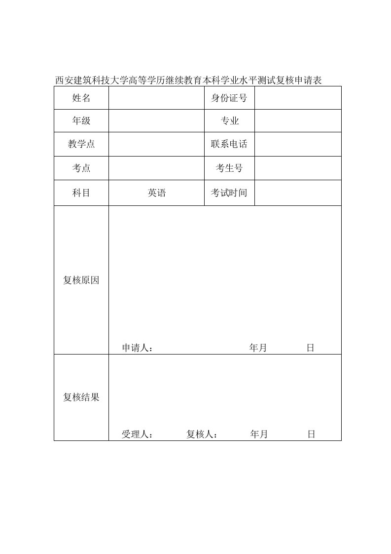 西安建筑科技大学高等学历继续教育本科学业水平测试复核申请表