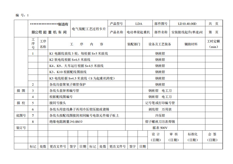 电气装配工艺过程卡