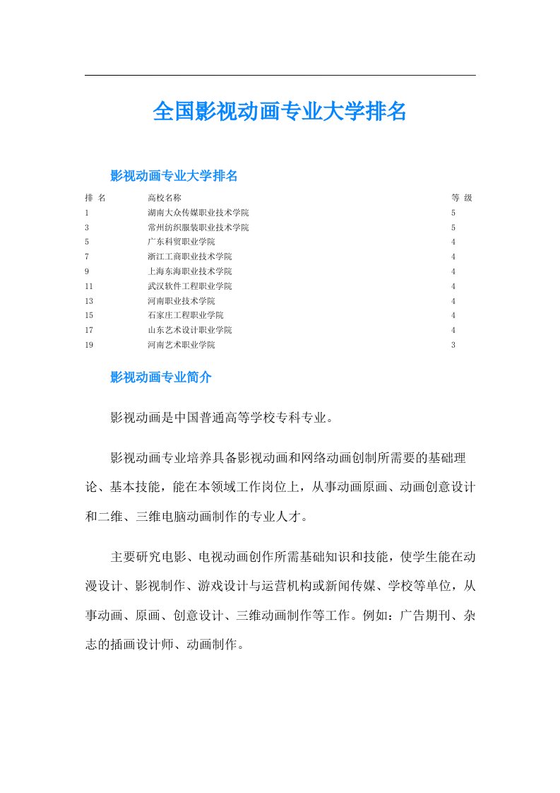 全国影视动画专业大学排名