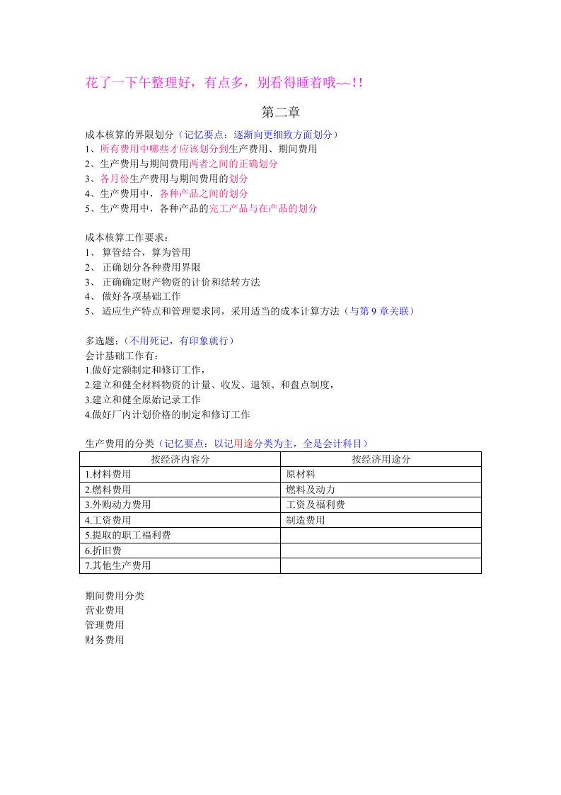 成本会计1-9章知识点汇总