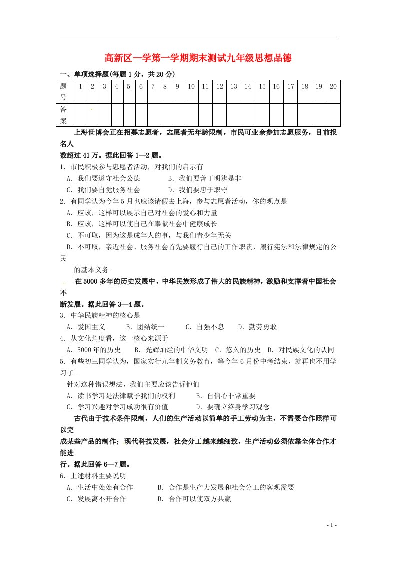 江苏省苏州市高新区九级政治上学期期末考试试题