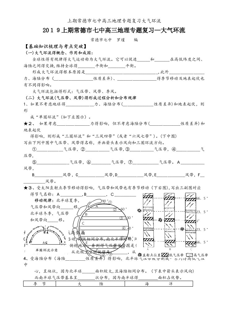 上期常德市七中高三地理专题复习大气环流