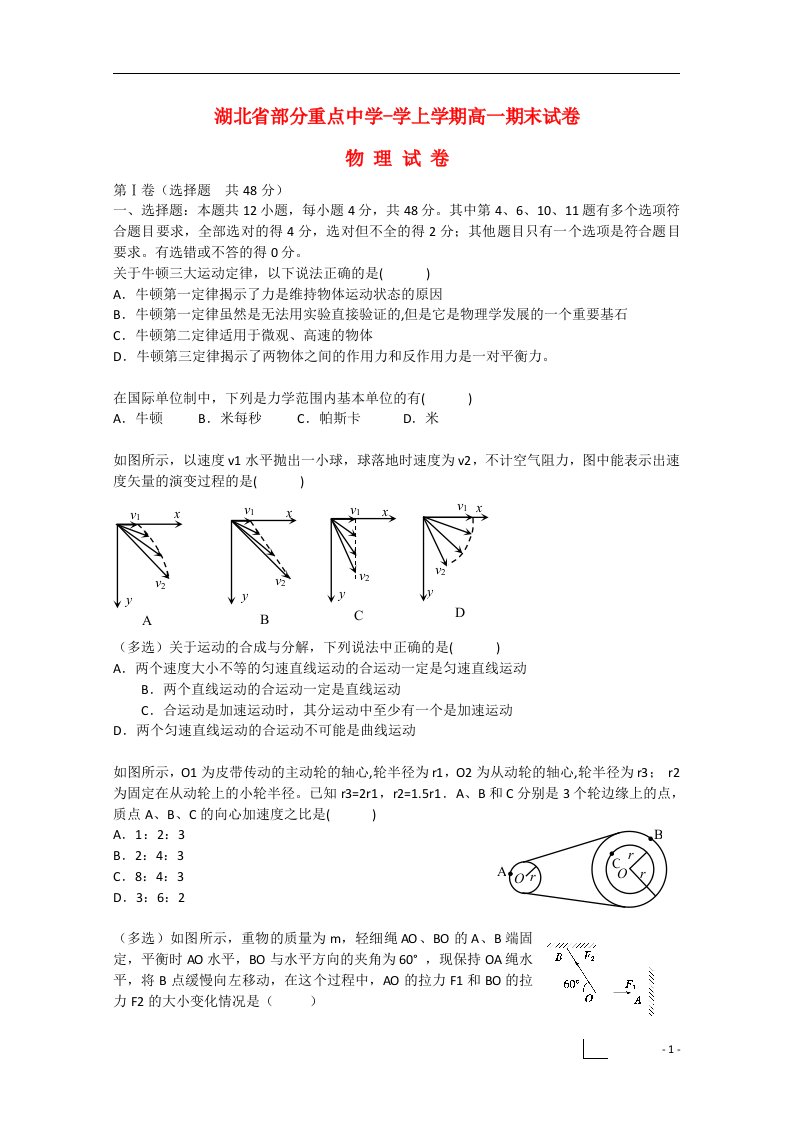 湖北省部分重点中学学高一物理上学期期末考试试题