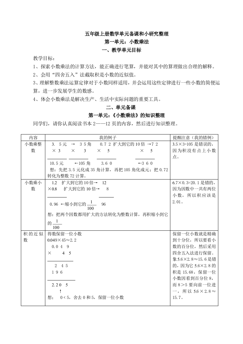 五年级上册数学单元备课和小研究整理