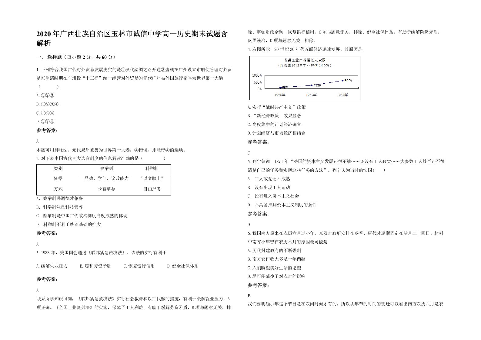 2020年广西壮族自治区玉林市诚信中学高一历史期末试题含解析