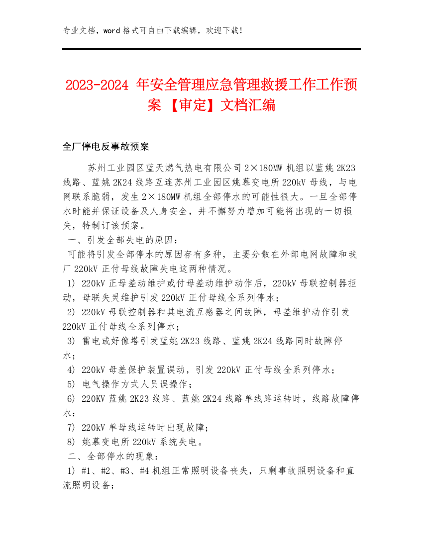 2023-2024年安全管理应急管理救援工作工作预案