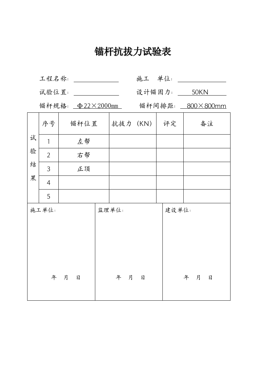 锚杆抗拔力试验表