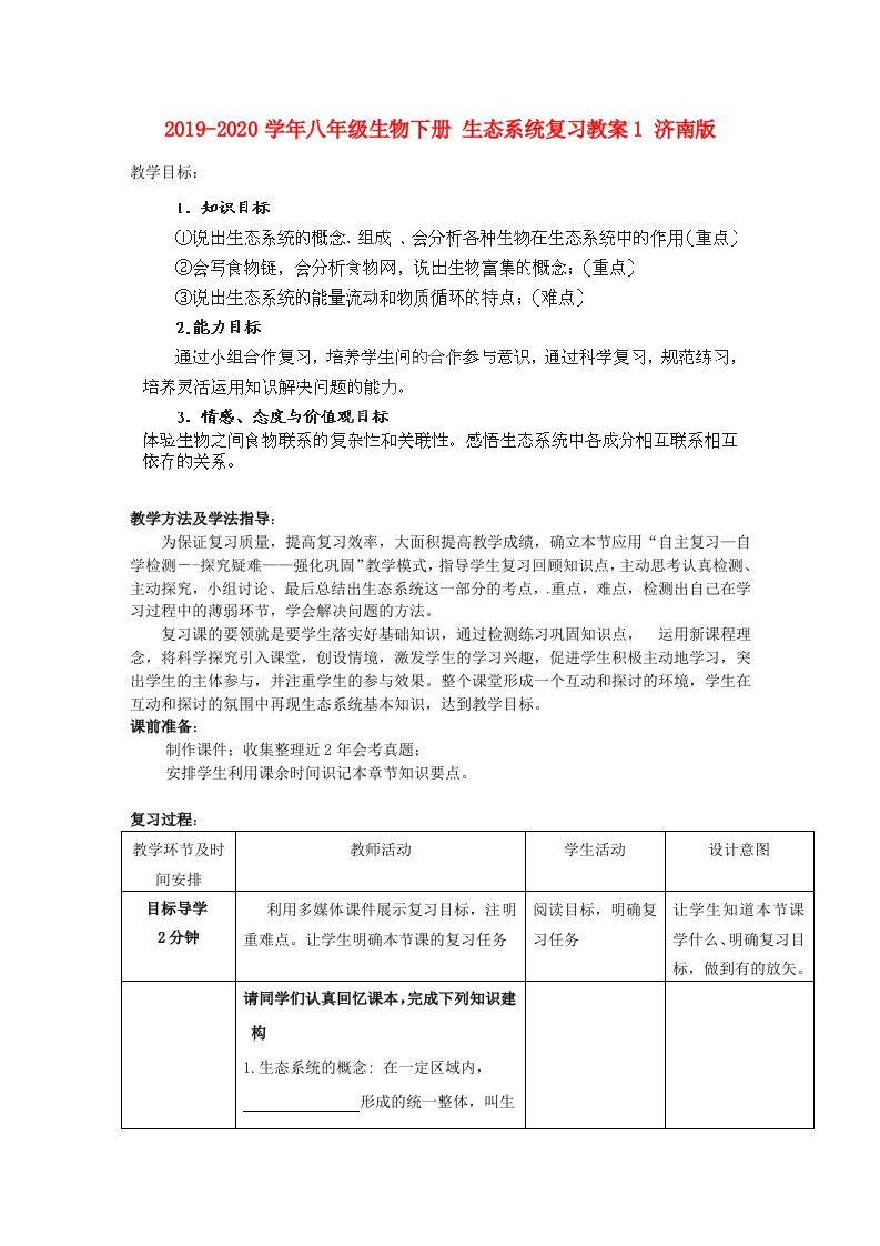 2019-2020学年八年级生物下册-生态系统复习教案1-济南版