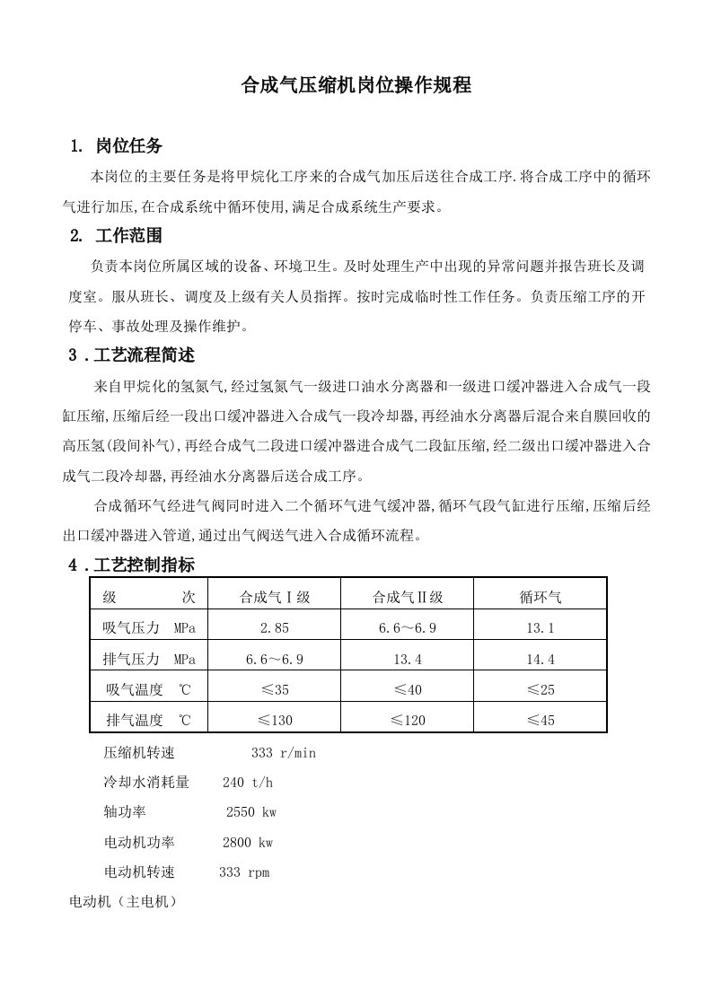 合成气压缩机工艺及岗位操作规程