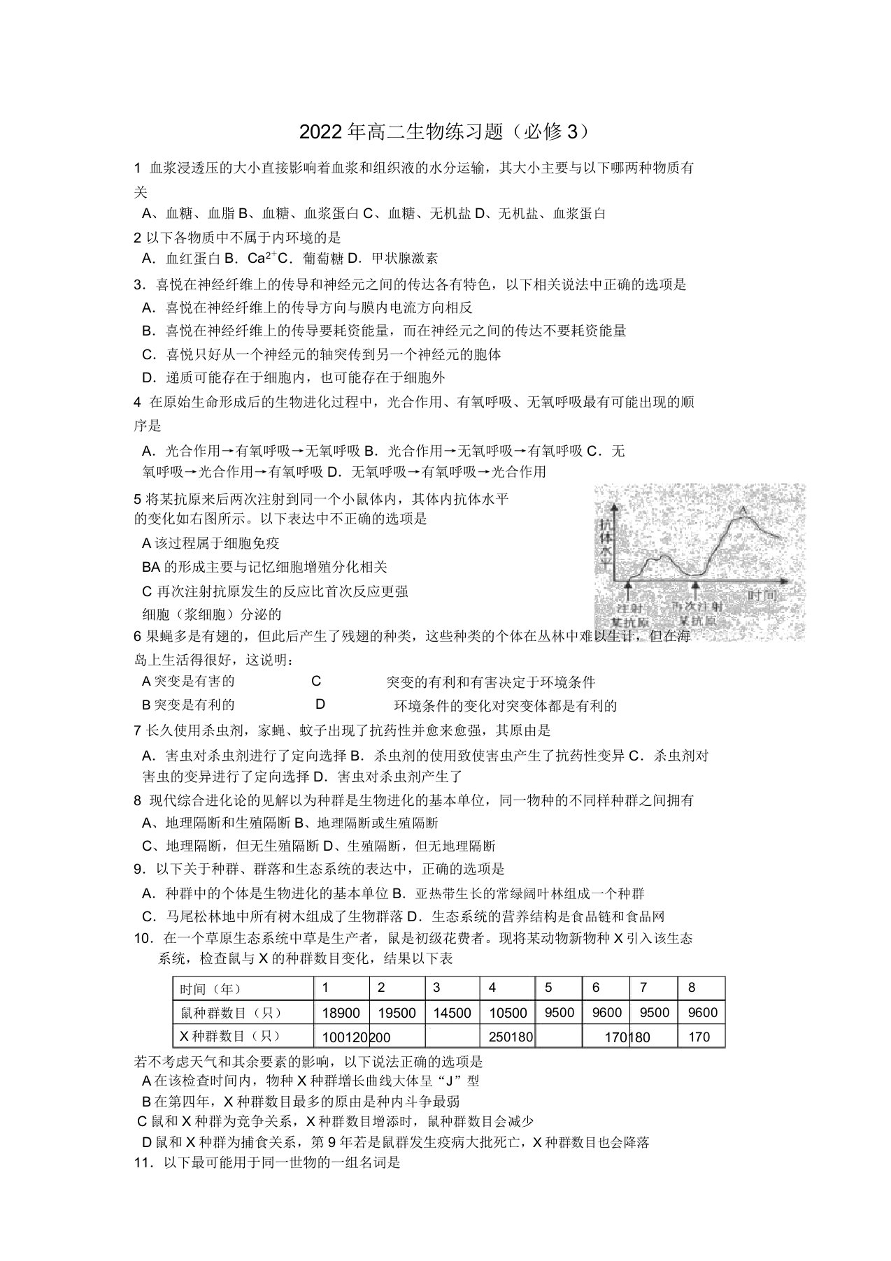 2022年高二生物练习题人教版选修3