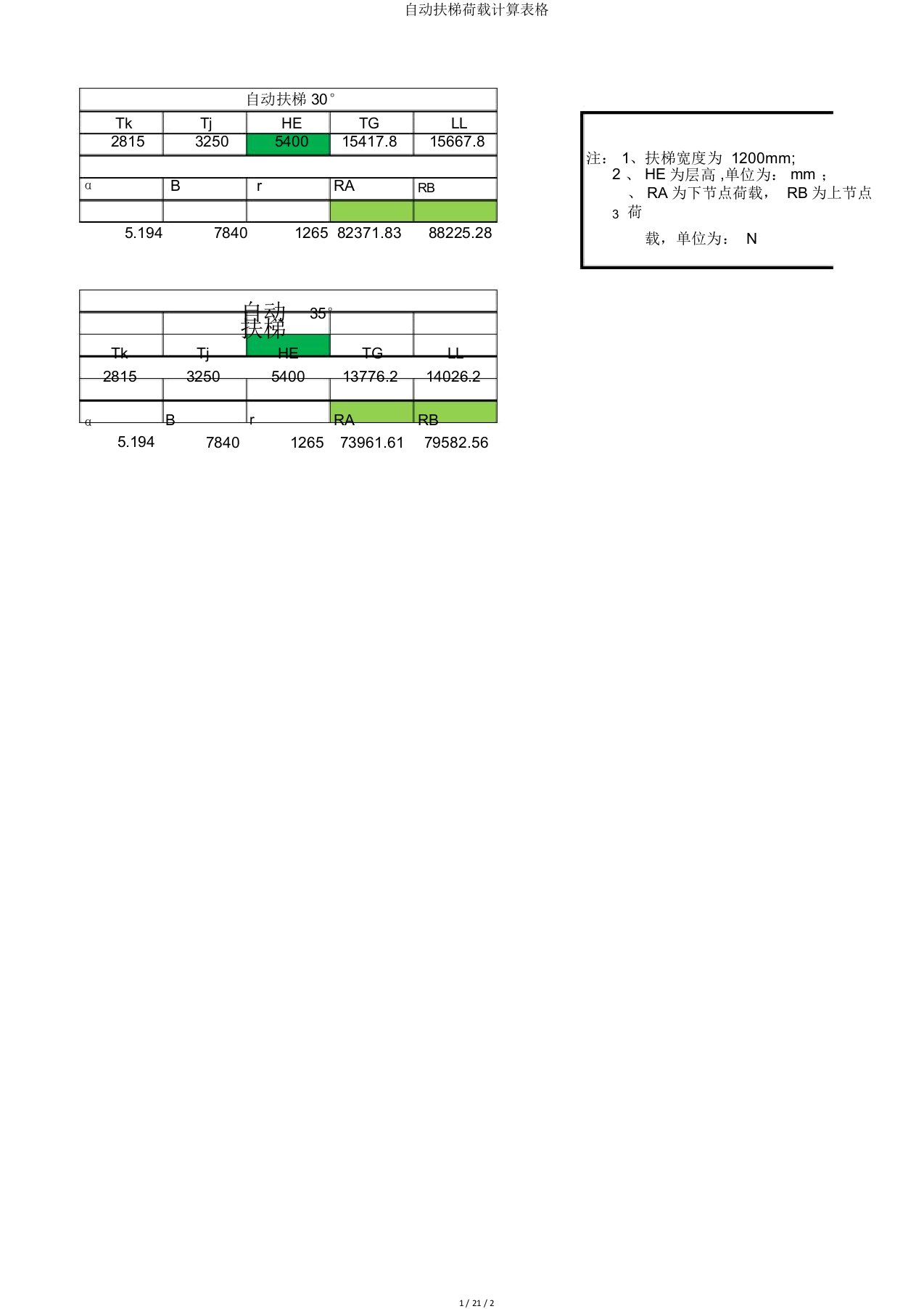 自动扶梯荷载计算表格