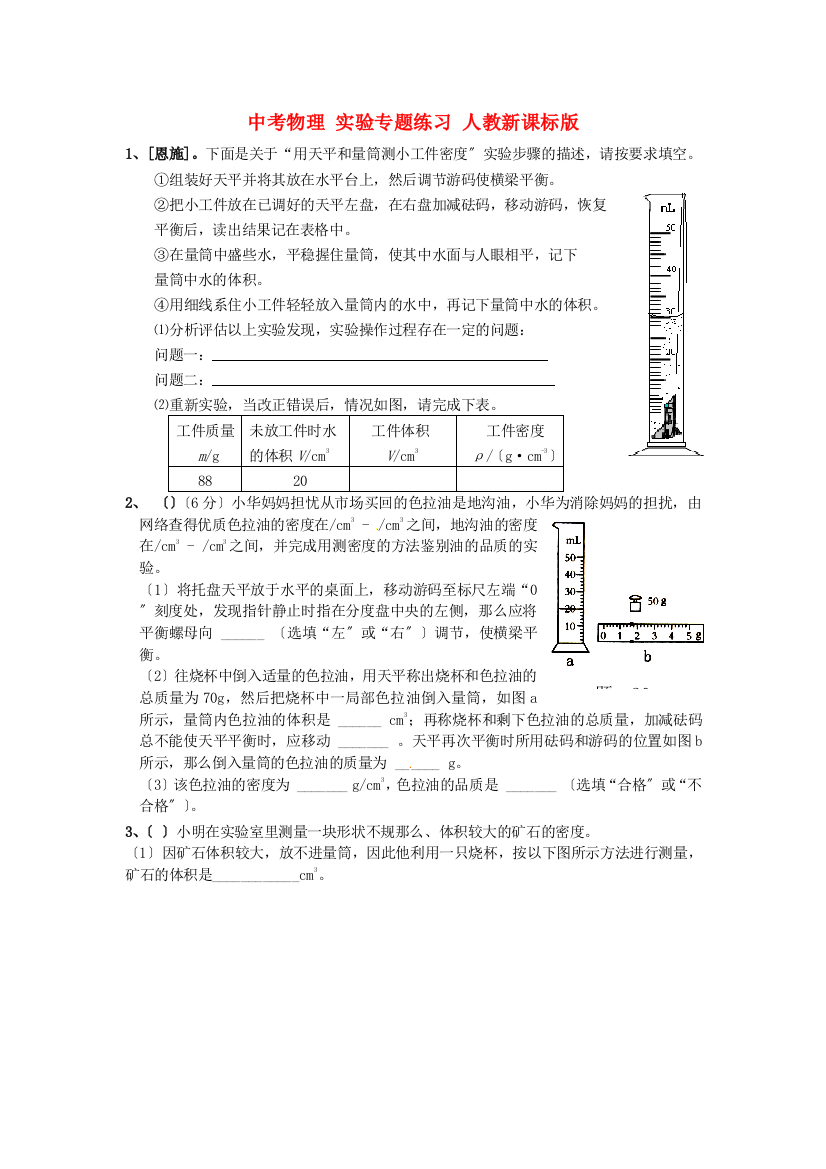 （整理版）中考物理实验专题练习人教新课标