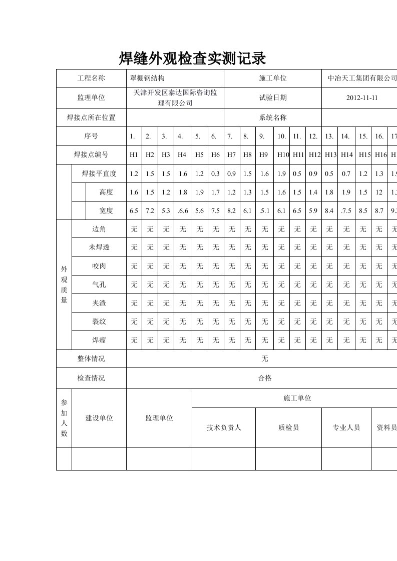 焊缝外观检查实测记录