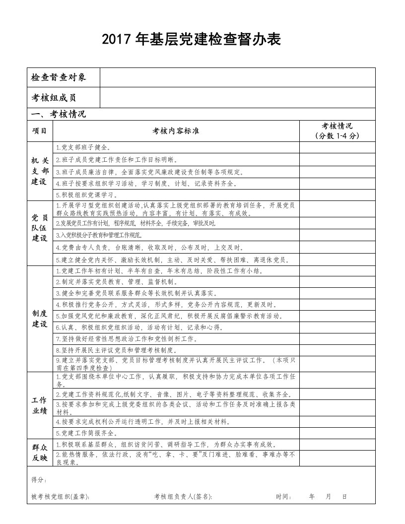 基层党建检查督办表