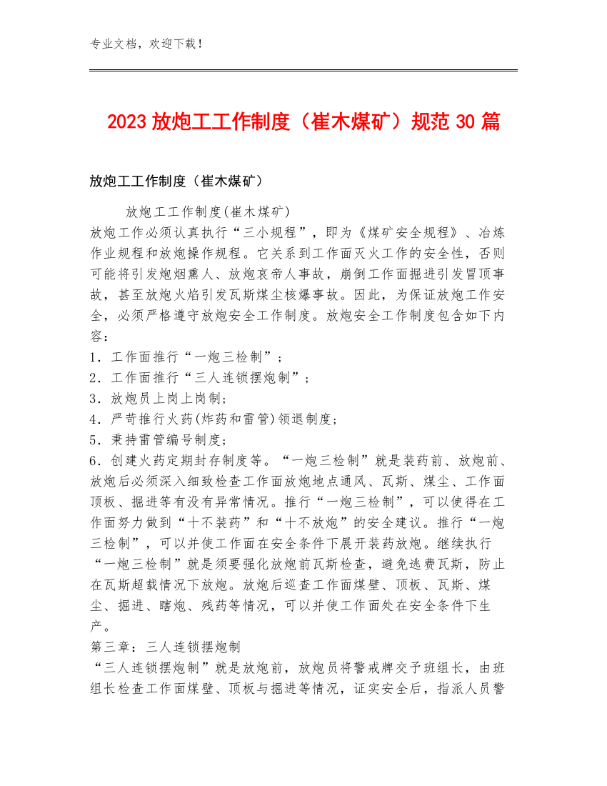 2023放炮工工作制度（崔木煤矿）规范30篇