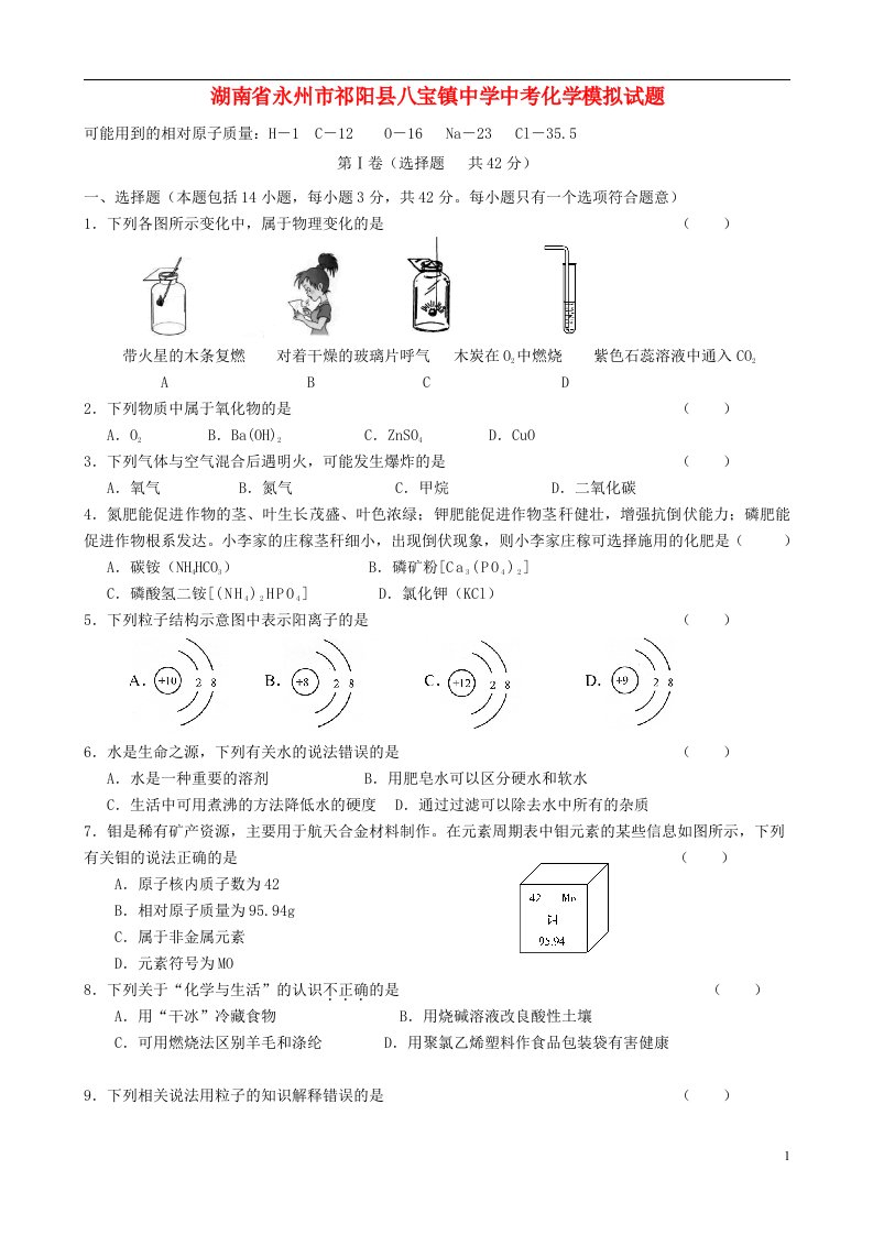 湖南省永州市祁阳县八宝镇中学中考化学模拟试题（无答案）