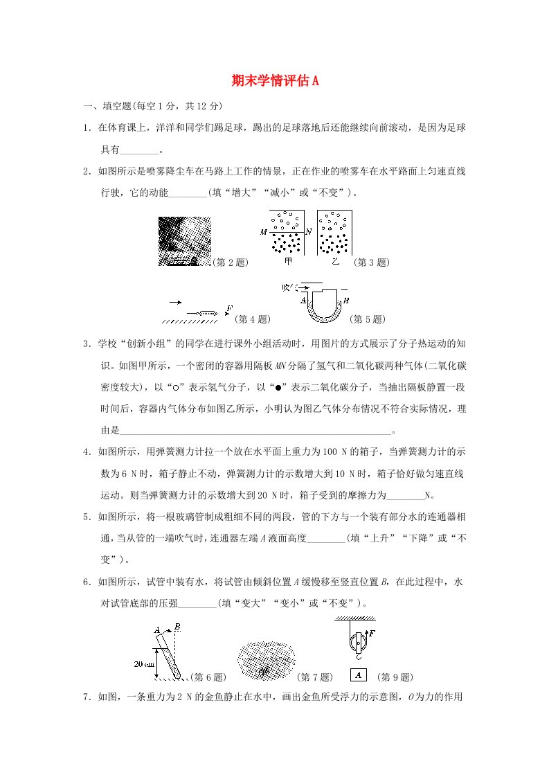 安徽省2024八年级物理下学期期末学情评估A新版沪科版